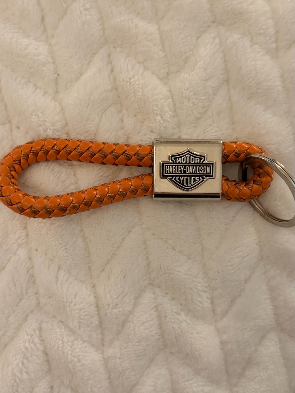 Harley-Davidson Orange Braided Leather Loop Keyring with Metal Logo